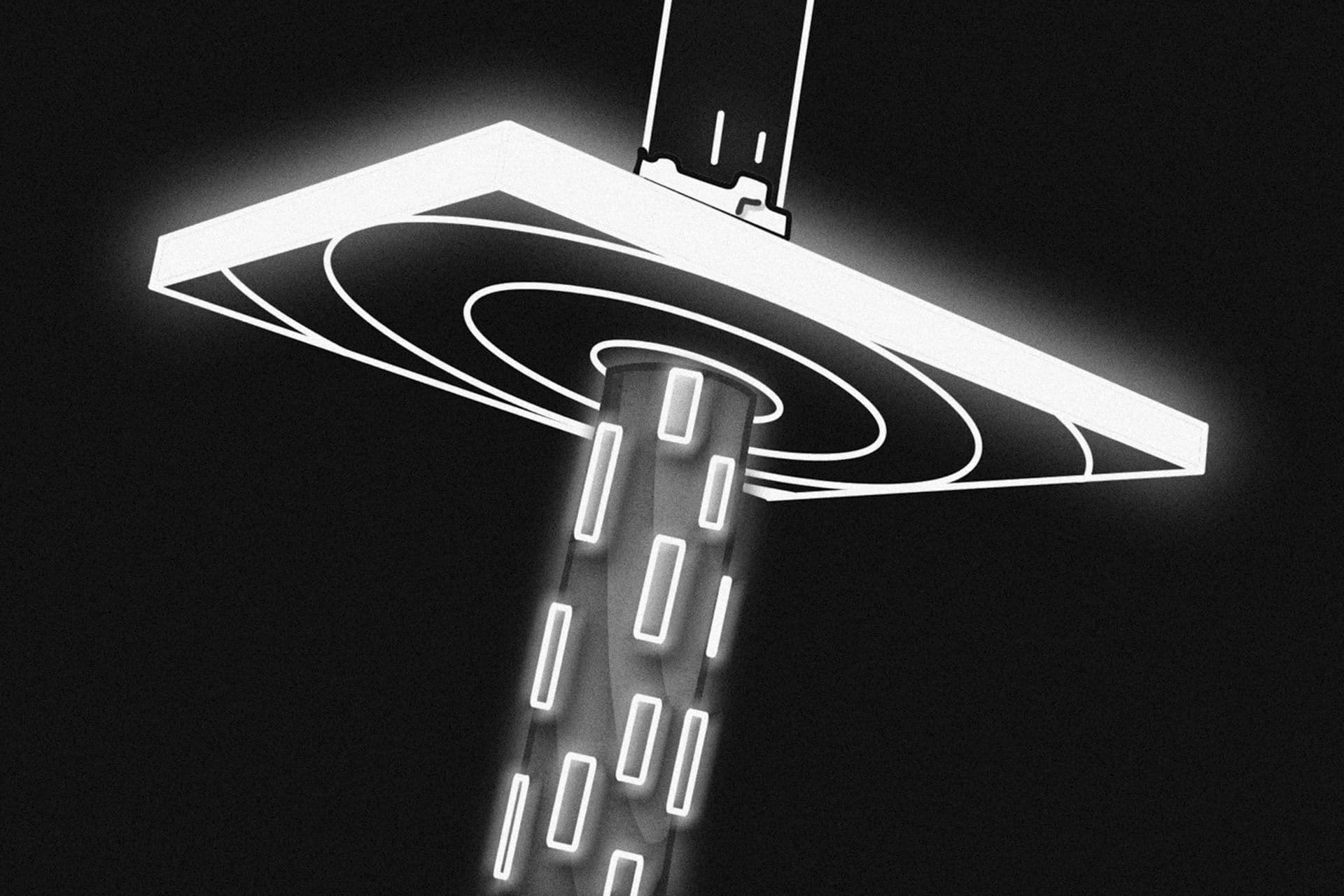 An illustration of a glowing beam of data flowing into a flat panel, on a black background.