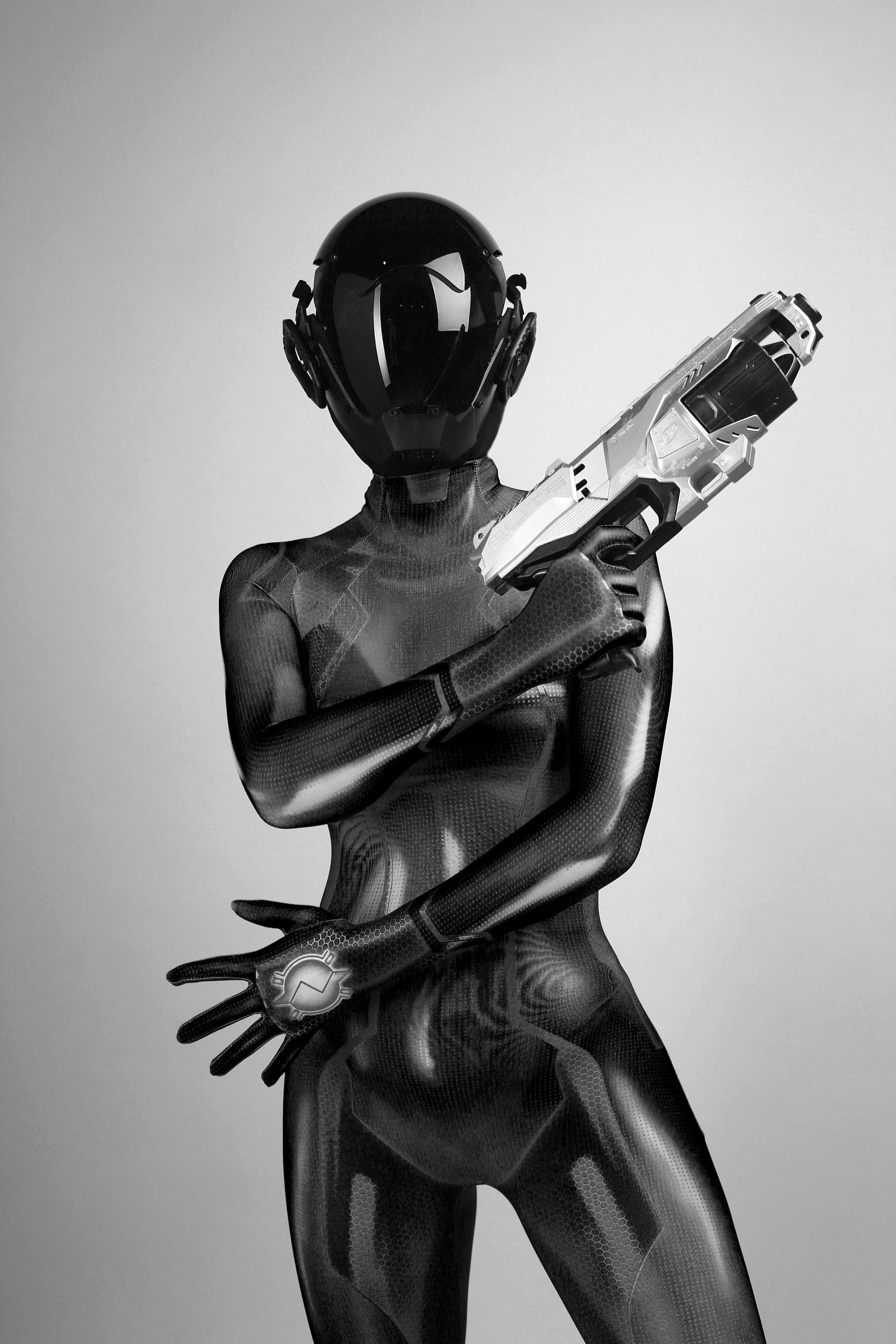 AI-generated futuristic image with a figure holding a cyber weapon